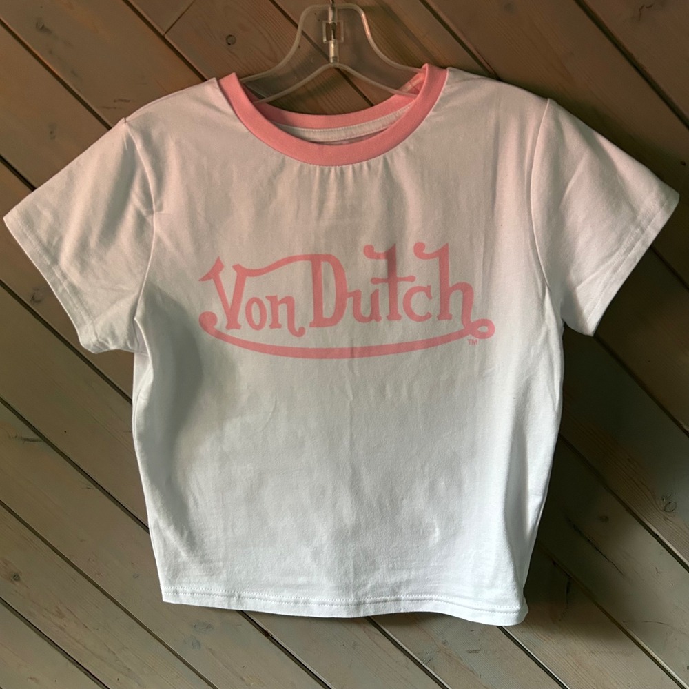 Von Dutch Womens White Pink Logo Ringer T-Shirt Short Sleeve Y2K Size Large
